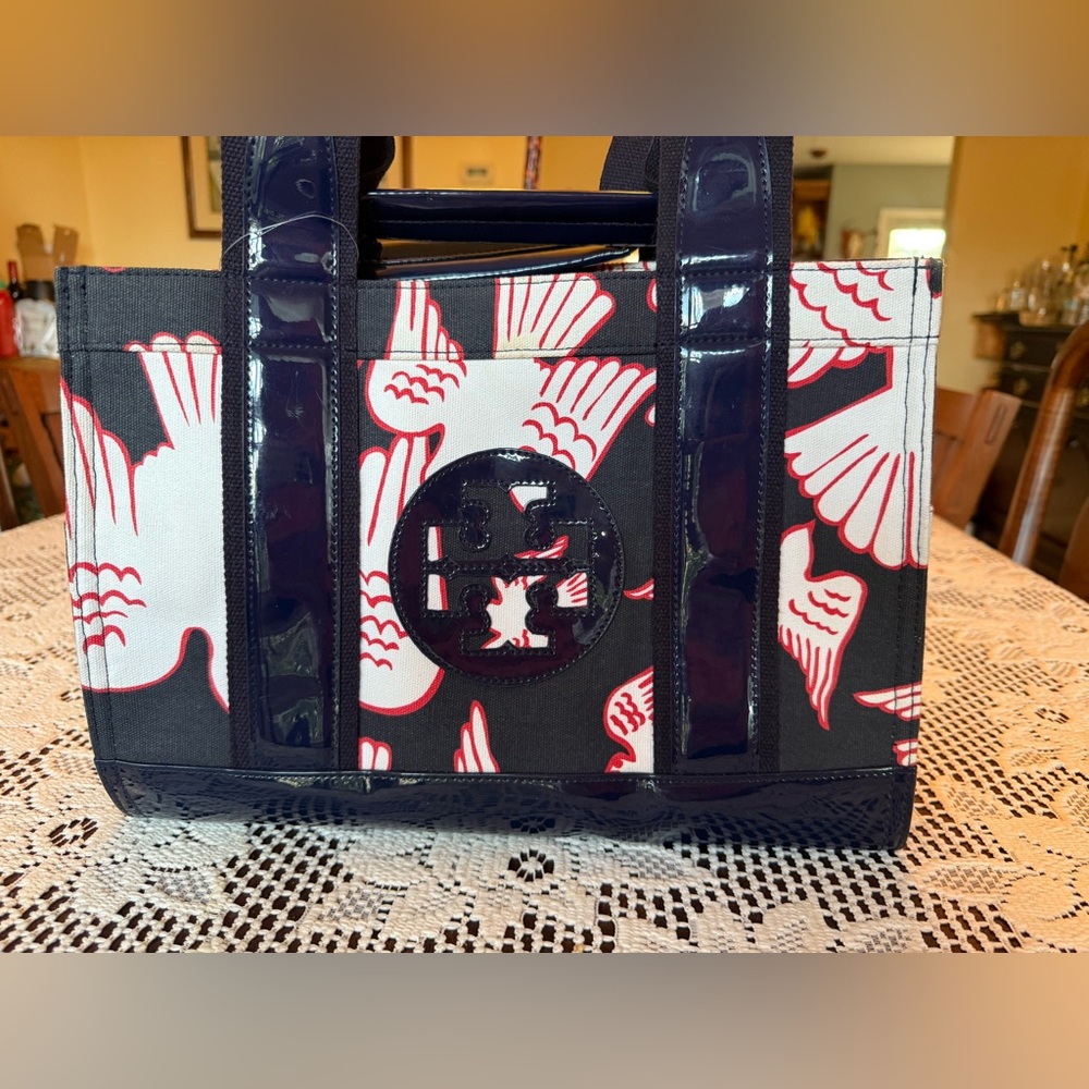 Tory Burch Black & White Canvas Tote with Red Accent - Picture 4 of 13